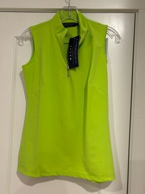Katherine Way NEW Lenox Sleeveless Zip Neck Top Neon Green Womens XS Golf Tennis
